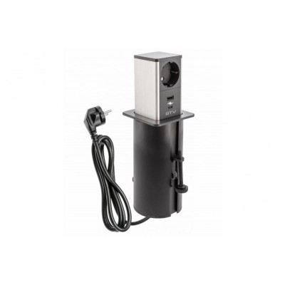 Подовжувач GTV врізний-висувний квадратний TOWER, 1xSCHUKO, 1xUSB, 1xTYPE-C, кабель 1,5м, чорний